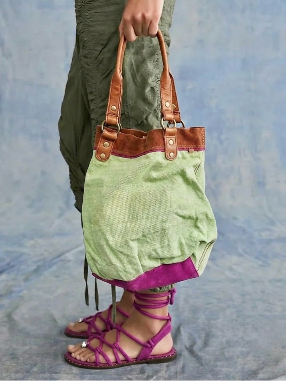 Vtg Lucky Brand Boho Sage Green Canvas & Magenta Suede Leather Slouchy Tote Bag